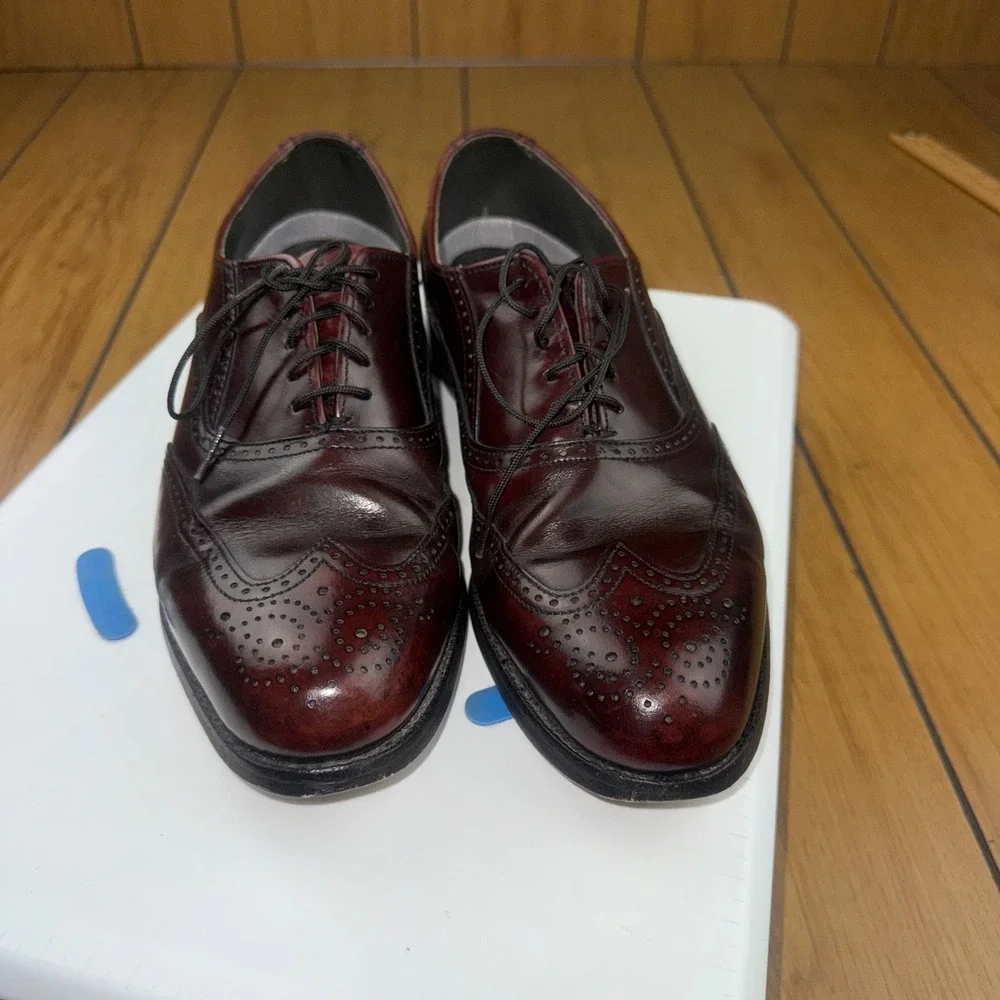 Burgundy Leather Wingtip Oxford Brogue Dress Shoes Mens Lace Up Almond Toe 10